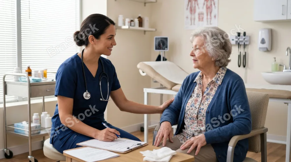 A female healthcare worker talking with a senior patient while seated in an examination room, clean medical interior, calm expressions, soft clinical light, attentive caregiving atmosphere,