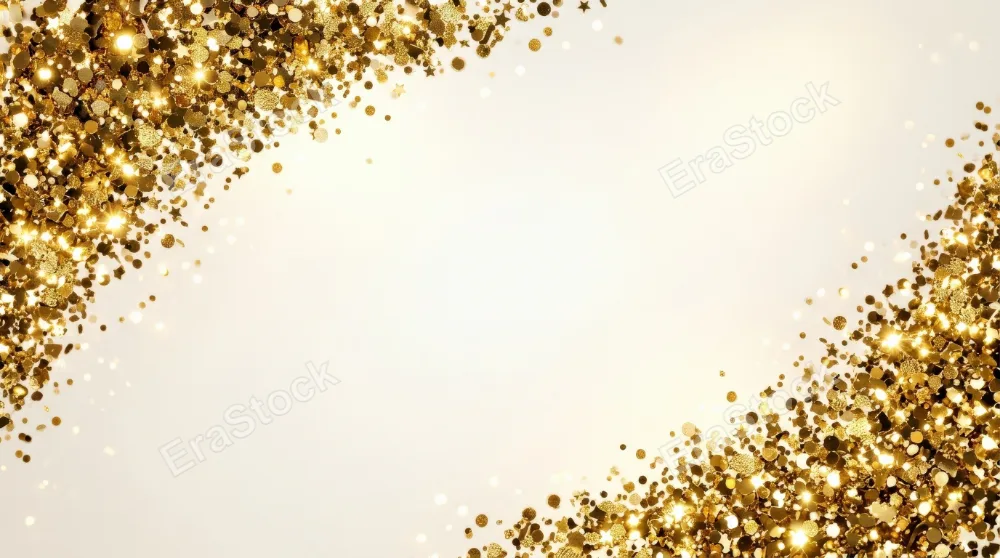 Golden confetti corner frame with luxury sparkle and dense festive particles, elegant celebratory border glowing against a light backdrop, ultra-realistic, no logos.