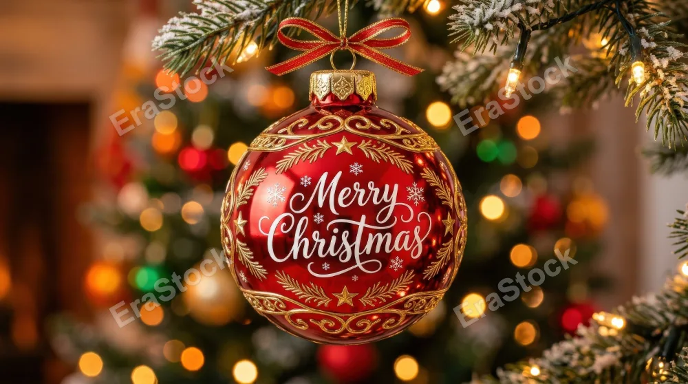 A red Christmas bauble ornament with white merry Christmas lettering, shiny metallic surface and elegant gold details, polished festive product style, ultra-realistic, no logos.