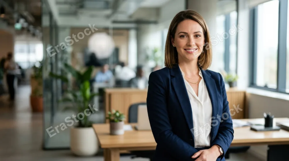 Portrait of a young businesswoman looking at the camera in an office, confident gaze, soft background blur, polished attire, balanced daylight, refined and approachable atmosphere, ultra-realistic, no