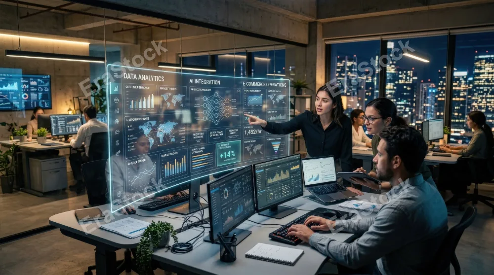 A digital transformation scene with AI integration, data analytics and e-commerce operations across layered business interfaces, modern office glow, smart automation atmosphere, ultra-realistic, no