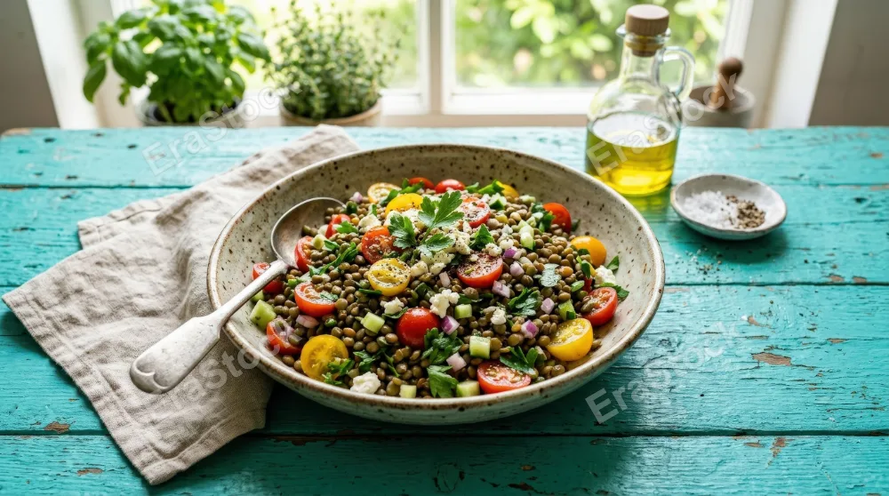 A healthy lentil salad with fresh tomatoes and parsley in a bowl on a bright turquoise wooden table, rustic textures and lively natural color, fresh wholesome atmosphere, ultra-realistic, no logos.