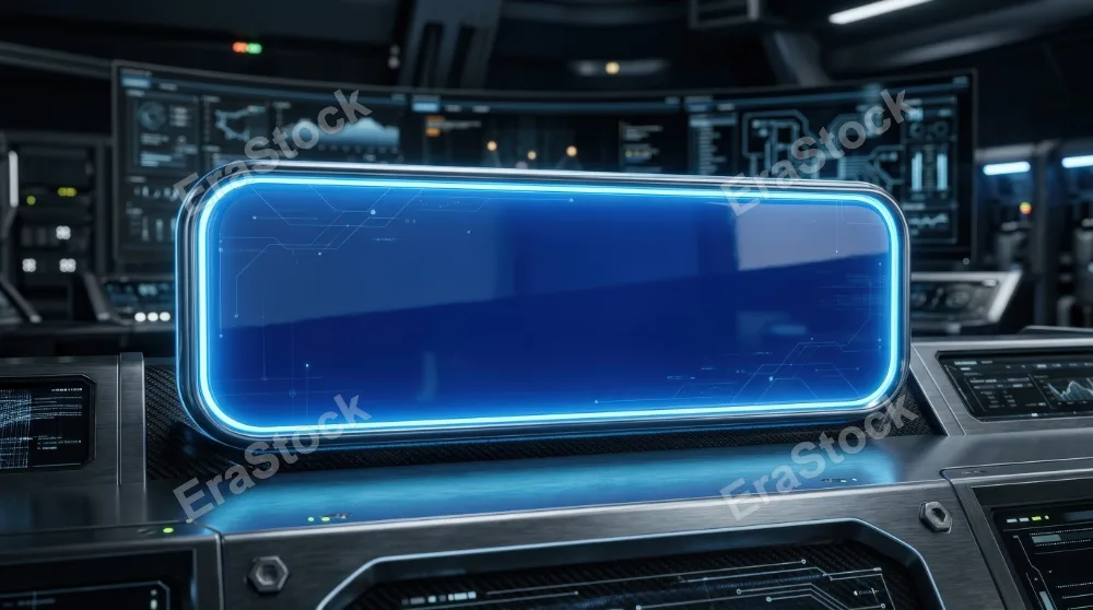 A glossy rounded blue rectangle panel with gentle glow, minimal abstract technology styling and polished UI banner appearance, ultra-realistic, no logos.