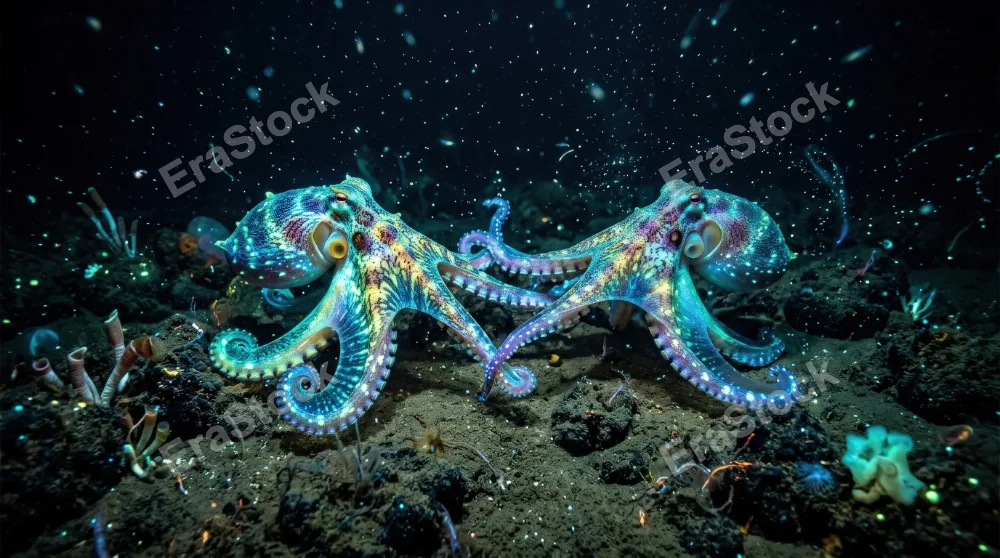 Two bioluminescent octopuses interacting on the ocean floor, glowing multicolored bodies, drifting particles and mesmerizing underwater wonder, ultra-realistic, no logos.