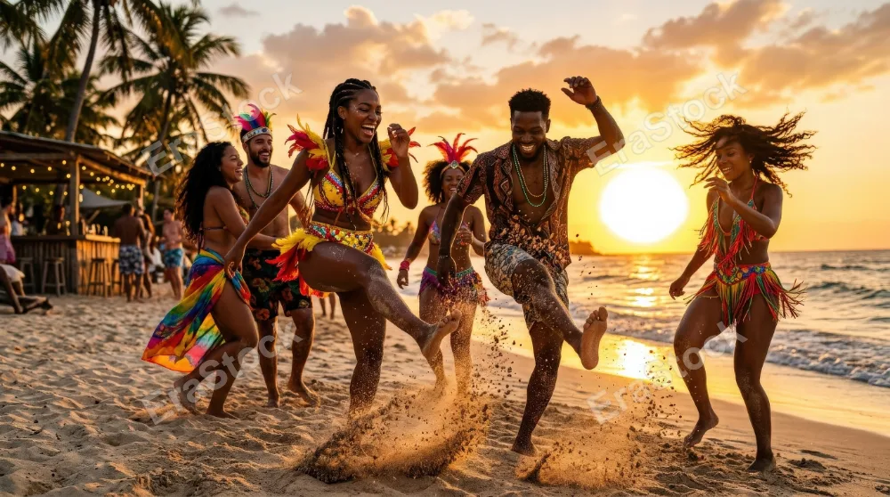 Carnival friends dancing on the beach, colorful movement, glowing sun, sand kicked into the air, festive rhythm and tropical energy, ultra-realistic, no logos.
