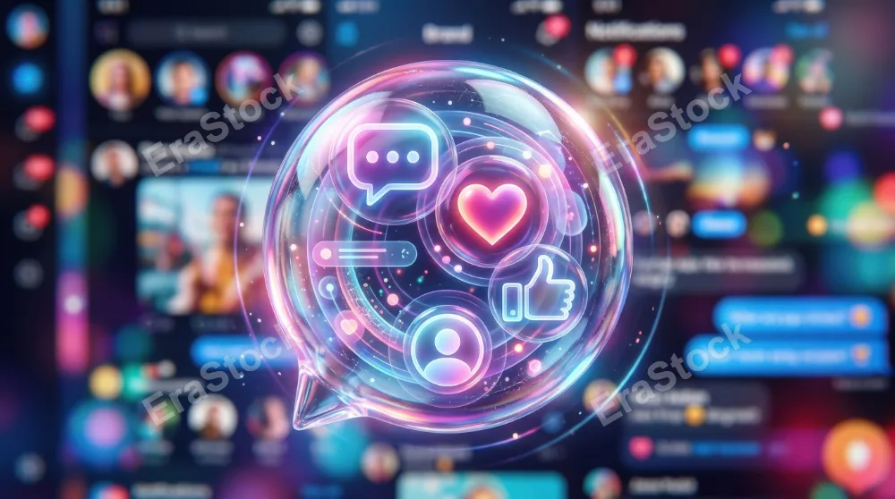 A translucent social media bubble icon with chat, heart, like, and user profile symbols, glossy communication layers, playful app atmosphere, ultra-realistic, no logos.