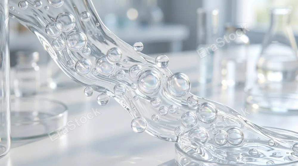 Macro view of transparent collagen-like bubbles and clear face serum motion, luminous hydration concept with elegant scientific skincare atmosphere, ultra-realistic, no logos.