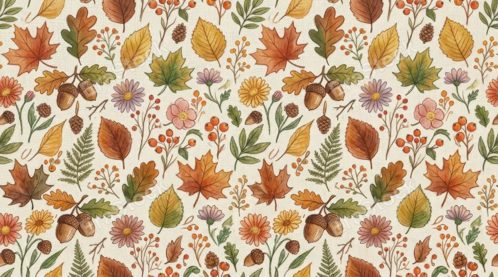 A seamless autumn leaf pattern with acorns, flowers and forest foliage, soft watercolor-like tones and cute crayon doodle warmth, cozy fall mood, ultra-realistic, no logos.