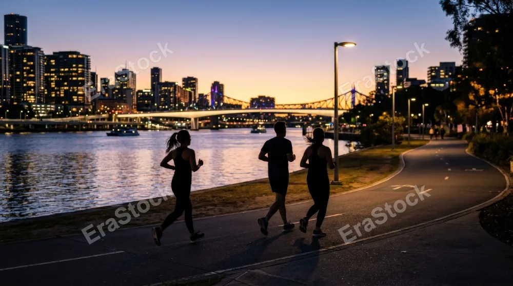 Silhouettes of runners jogging through the city at evening, fading light, smooth motion and peaceful urban fitness mood, ultra-realistic, no logos.