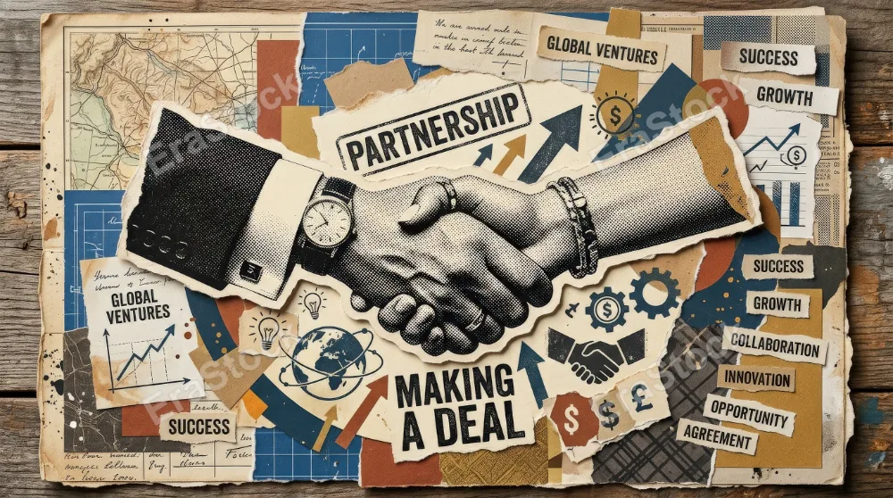 A trendy collage element of halftone hands reaching to shake, cutout paper edges, making-a-deal symbolism and modern retro business partnership mood, ultra-realistic, no logos.