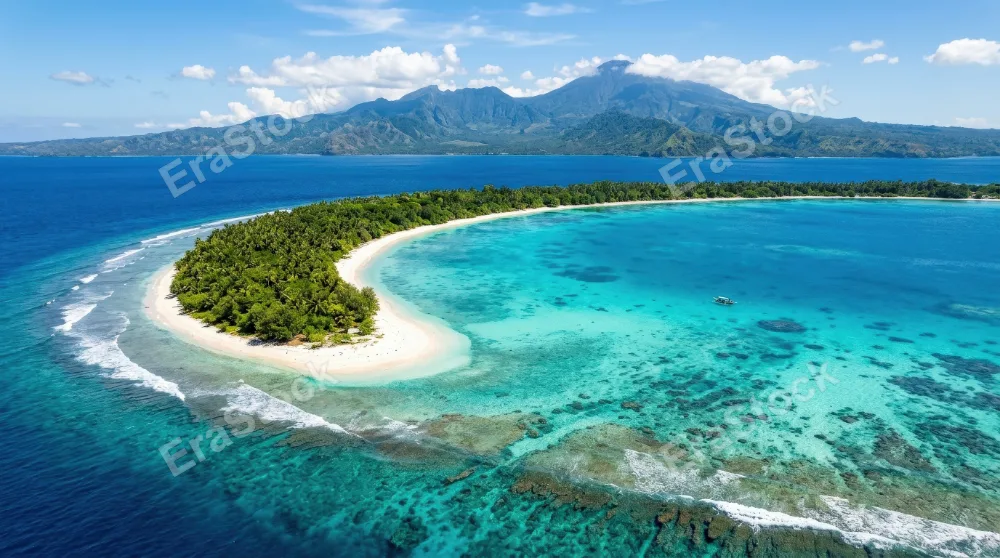A drone view of a heavenly atoll near Lombok island, luminous turquoise water, curved shoreline and untouched South Pacific paradise under radiant daylight, ultra-realistic, no logos.