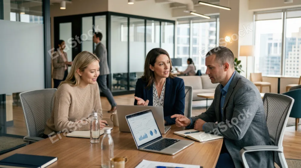 Business people having a discussion and using a laptop, contemporary office setting, shared focus, subtle gestures and balanced corporate lighting, ultra-realistic, no logos.