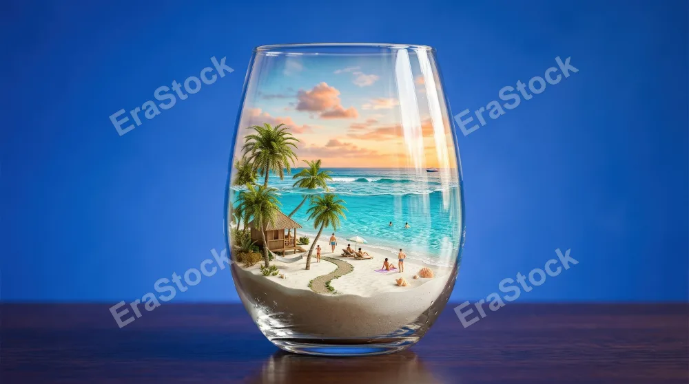 A tropical beach scene contained inside a wine glass on a blue background, tiny palms, sea horizon and imaginative vacation surrealism, ultra-realistic, no logos.