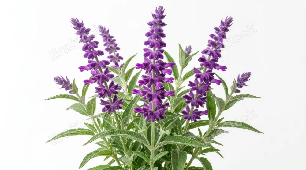 Mexican bush sage with velvety purple flower spikes and soft green leaves, frontal isolated high-resolution botanical arrangement, vibrant and graceful, ultra-realistic, no logos.