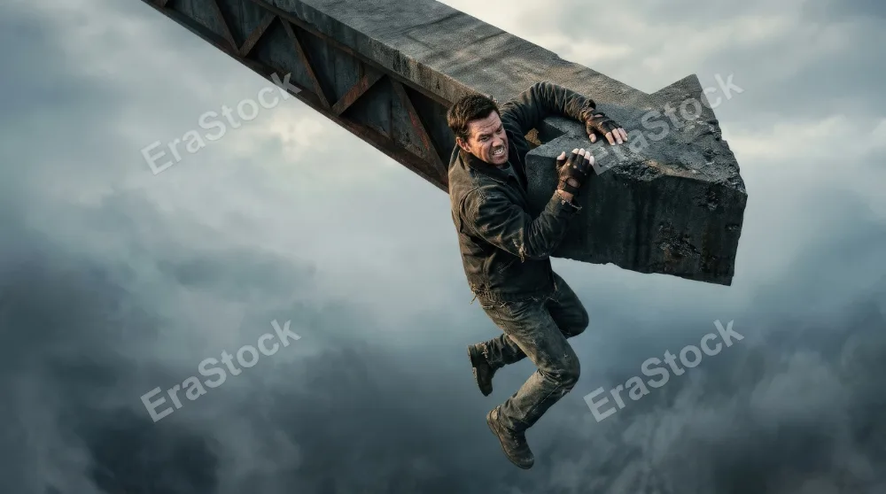 A man hanging from the edge of a large downward arrow, vast empty space, dramatic tension, stark light and a surreal atmosphere of risk, failure, and struggle, ultra-realistic, no logos.