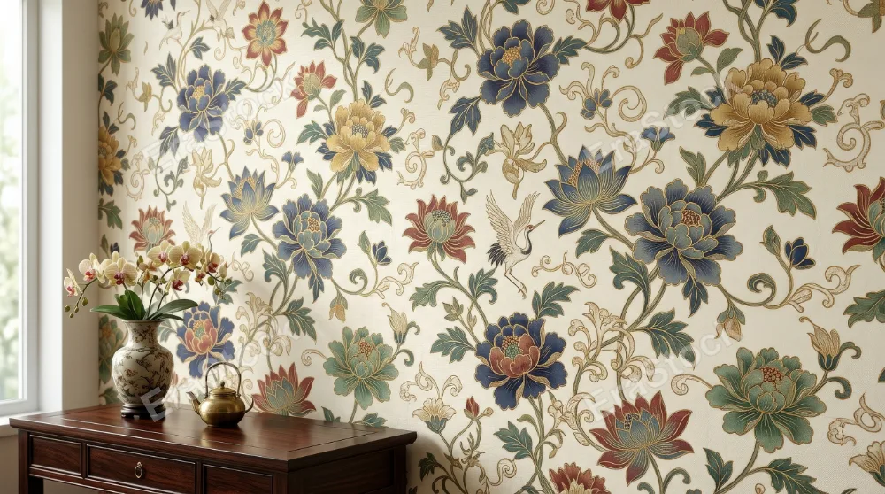 Oriental floral ornament pattern with decorative leaves and stylized blooms, elegant Asian-inspired seamless wallpaper in a refined classic mood, ultra-realistic, no logos.