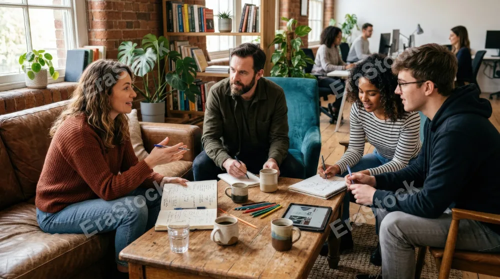 Coworkers having a creative discussion in an office lounge, casual seating, warm textures, notebooks and coffee, relaxed but focused collaborative mood, ultra-realistic, no logos.
