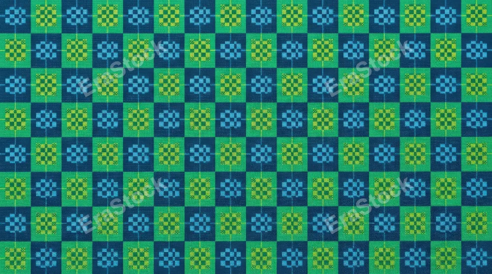 A geometric seamless pattern in blue and green checkered blocks, crisp rhythmic repetition with cool modern retro balance, ultra-realistic, no logos.