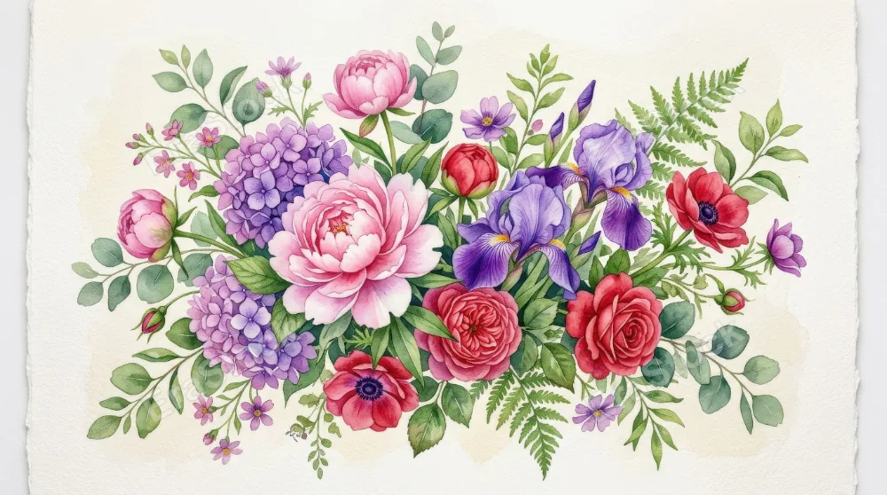 Watercolor floral illustrations with flowers and leaves in pink, purple, red and green, lush blossoms and gentle watercolor gradients, springtime decorative elegance, ultra-realistic, no logos.