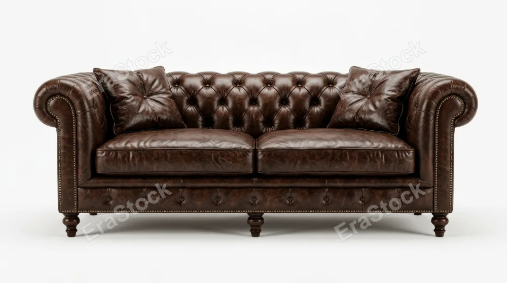 A luxurious dark brown leather chesterfield sofa with button tufting, nailhead trim, wooden legs, and two matching pillows on a white background, rich texture and classic grandeur, ultra-realistic, no
