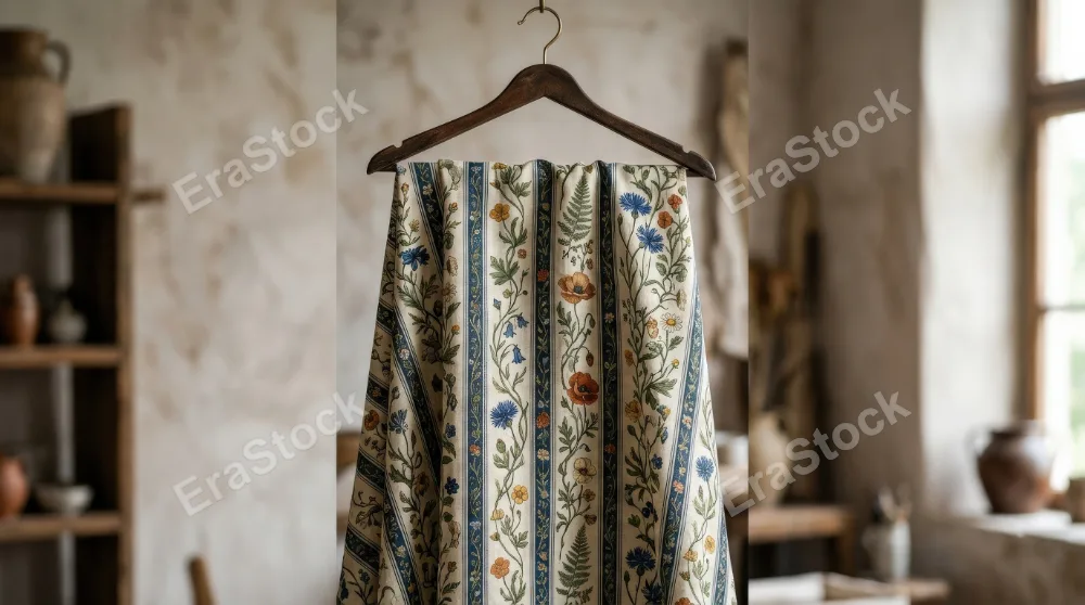 A trendy vertical striped floral pattern with wildflowers and intertwining leaves, vintage-inspired fashion textile elegance, ultra-realistic, no logos.