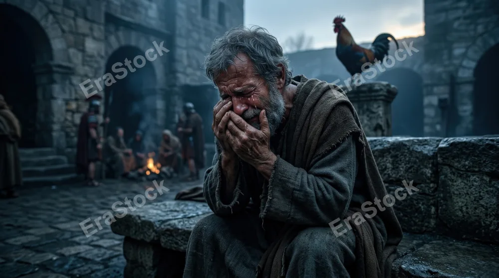 Saint Peter crying after denying Jesus at dawn, tears on his face, faint rooster in the background, cold morning light and a powerful mood of repentance, ultra-realistic, no logos.