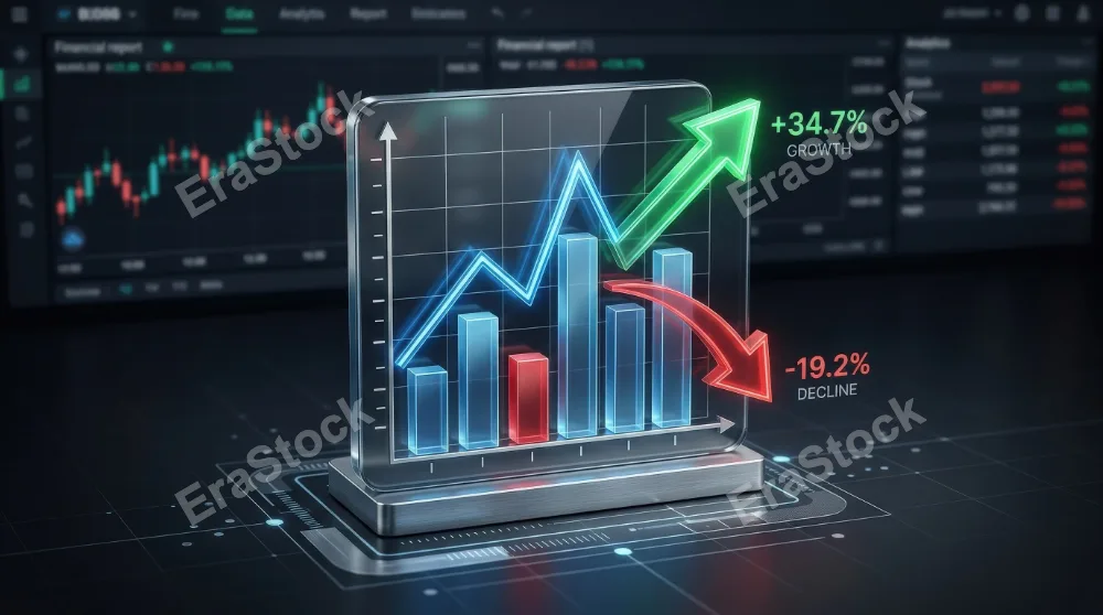 A line and bar chart icon with arrows showing growth and decline for financial reports, market performance, and statistics, precise analytics styling, ultra-realistic, no logos.