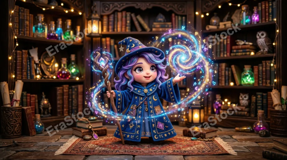 An adorable chibi wizard conjuring glowing magical elements, flowing robe, tiny staff and sparkling mystical accents in a cozy enchanted atmosphere, ultra-realistic, no logos.