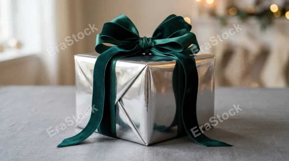 A square gift box wrapped in shiny metallic paper with a large ribbon and bow on a plain surface, reflective highlights, soft lighting and elegant celebratory mood, ultra-realistic, no logos.