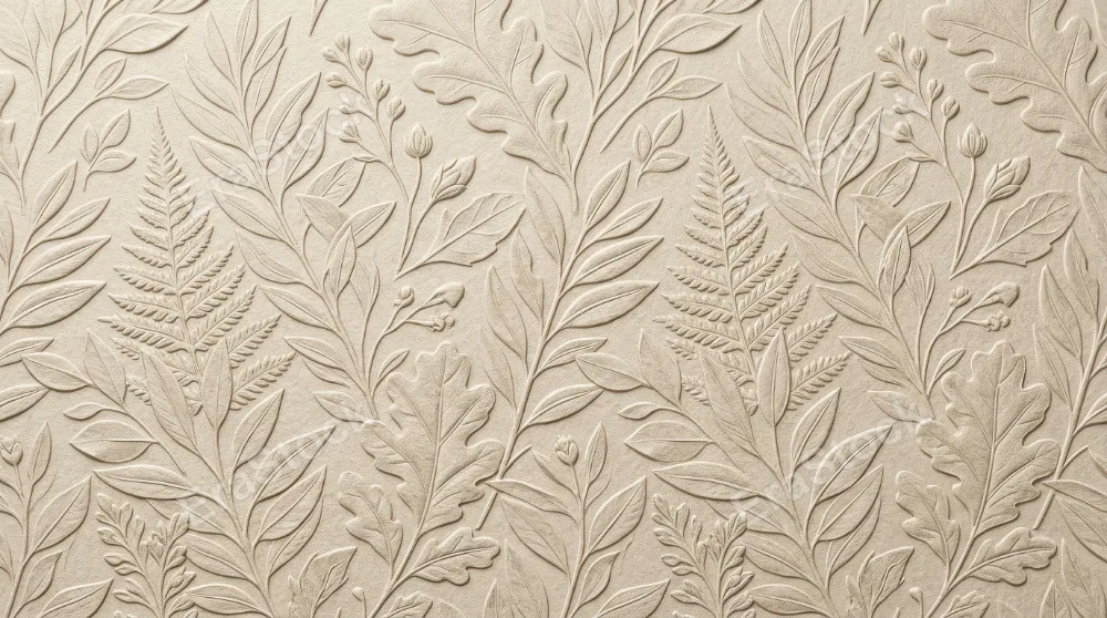 Seamless embossed leaf pattern in neutral beige tones, layered botanical texture with quiet decorative sophistication, ultra-realistic, no logos.