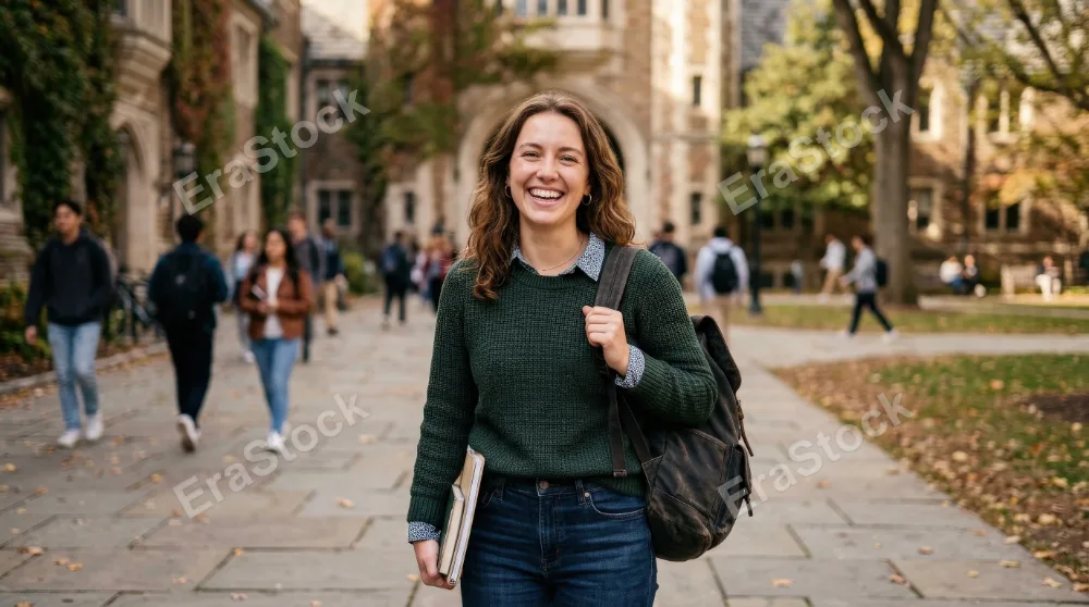 Portrait of a female adult student with a toothy smile on a university campus, casual smart clothing, blurred academic setting, natural light and confidence, ultra-realistic, no logos.