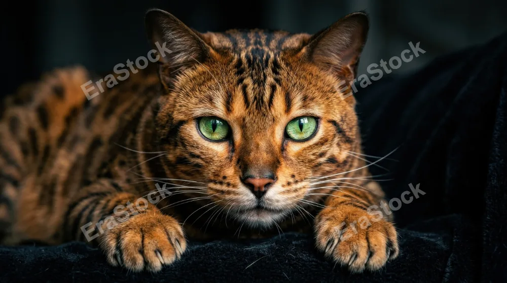 A close-up Bengal cat portrait with intense green eyes, striped orange-brown fur, visible whiskers and paws against a dark background, ultra-realistic, no logos.