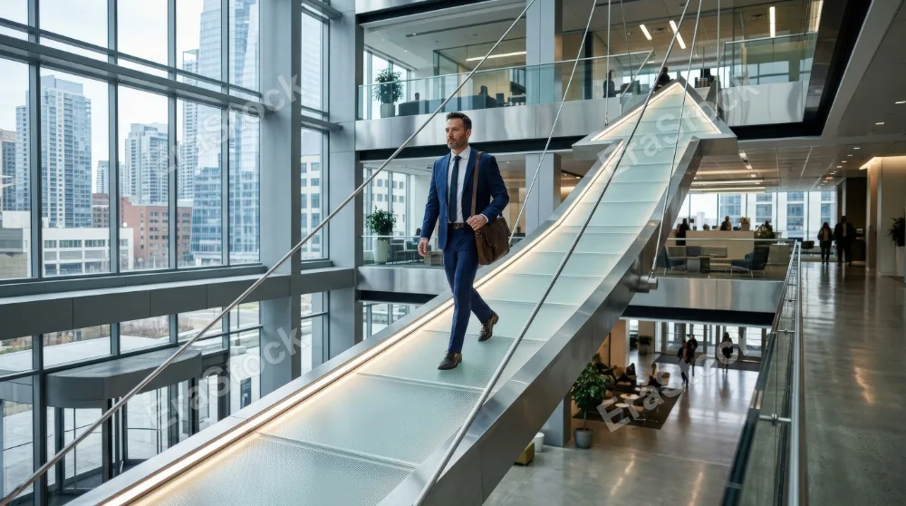 A man walking along a broad upward arrow path suspended in a clean corporate space, polished surfaces, cool modern tones, strong leading lines, symbol of success achievement and progress, confident