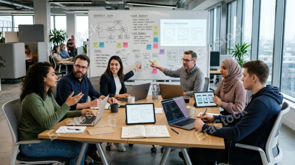 A group discussing ideas in an office with laptops and a presentation board, people seated around a modern table, sketches and digital screens adding depth, bright workspace and a concentrated