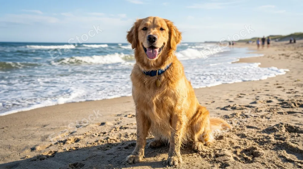A dog portrait on the beach, sandy paws, wind-touched fur, ocean backdrop, warm sunny happiness, ultra-realistic, no logos.