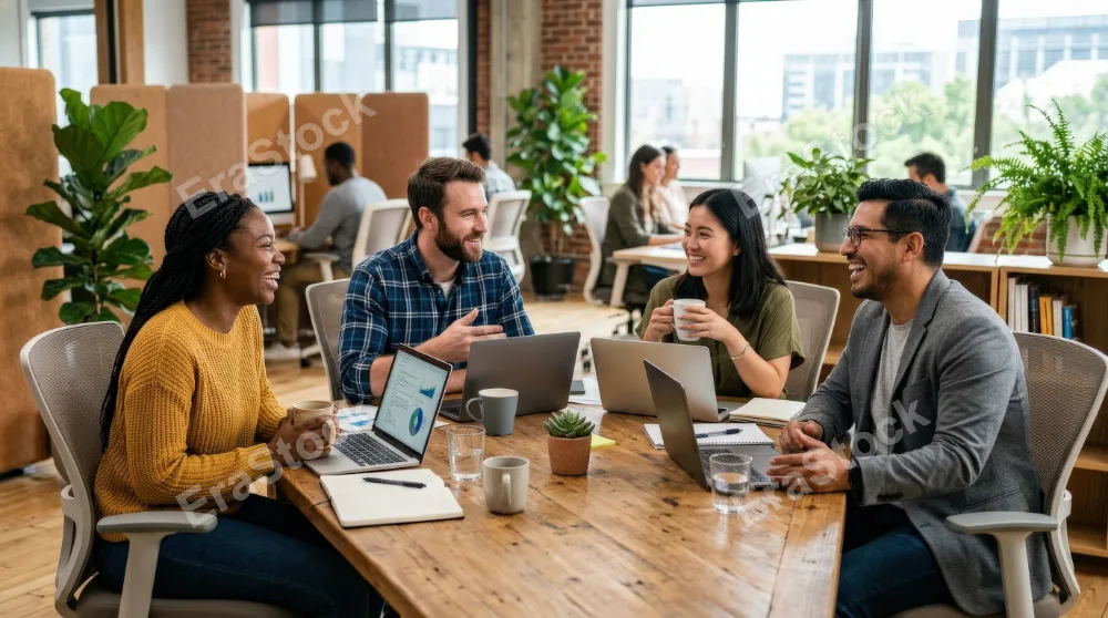 Smiling colleagues sharing conversation during a casual workspace moment, open laptops, coffee cups and relaxed posture in a modern office, warm neutral textures and bright natural light creating a