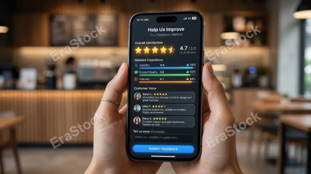 A mobile app feedback screen with glowing stars, review bubbles and satisfaction metrics, sleek user interface, trusted customer experience and brand reputation mood, ultra-realistic, no logos.