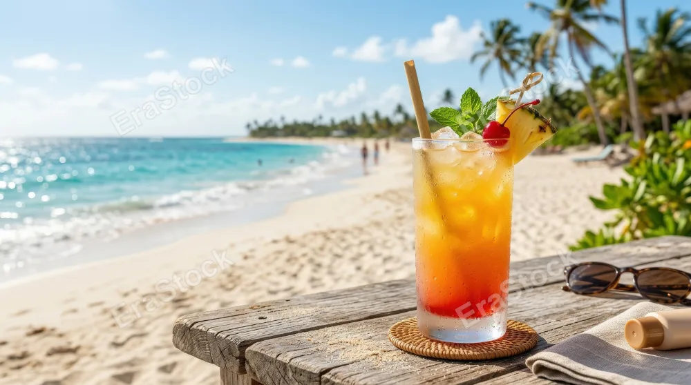 A refreshing tropical cocktail against a beach background with ample open space, chilled glass, bright sunlight and relaxed travel-promo atmosphere, ultra-realistic, no logos.