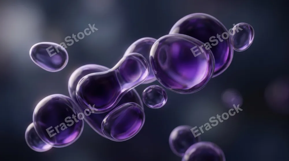 Smooth translucent bubble-like forms in deep purple tones, subtle highlights, airy outlines and soft fluid elegance, ultra-realistic, no logos.