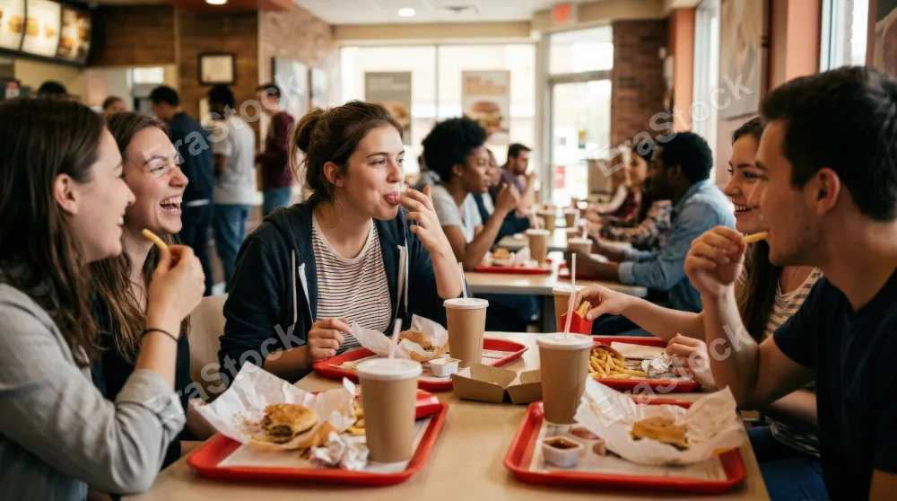 A young woman licking her fingers while eating fast food with friends at a restaurant table, trays and wrappers, casual dining interior, lively social mood, ultra-realistic, no logos.