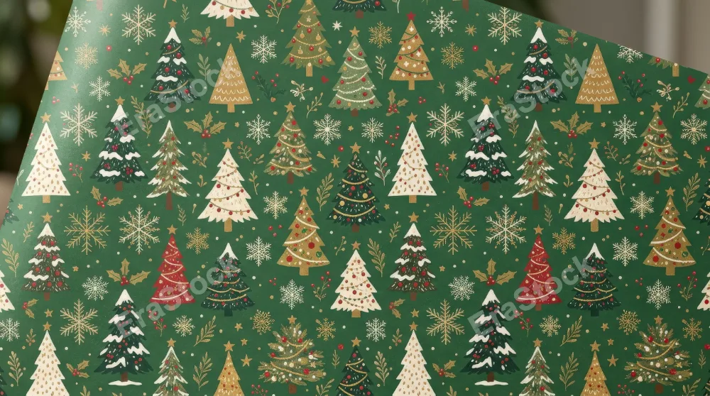 Green Christmas pattern filled with snowflakes and stylized fir trees, festive wrapping-paper design in rich seasonal tones, cheerful and cozy, ultra-realistic, no logos.