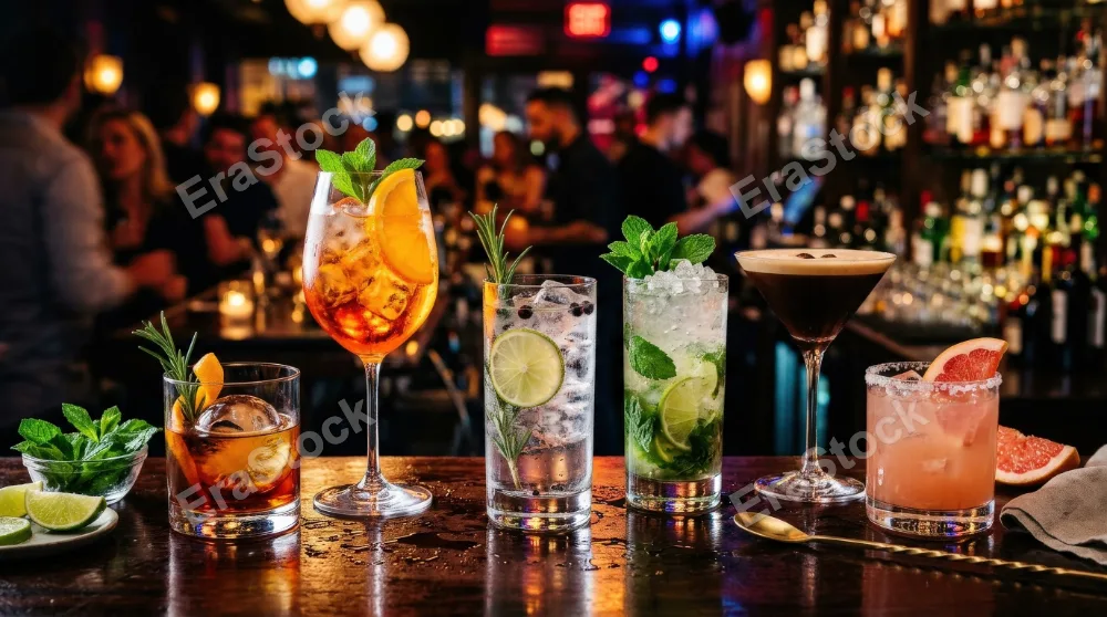 A cocktail assortment with citrus slices, ice, herbs, elegant glasses, and colorful mixed drinks on a sleek bar surface, glowing reflections and vibrant nightlife mood, ultra-realistic, no logos.