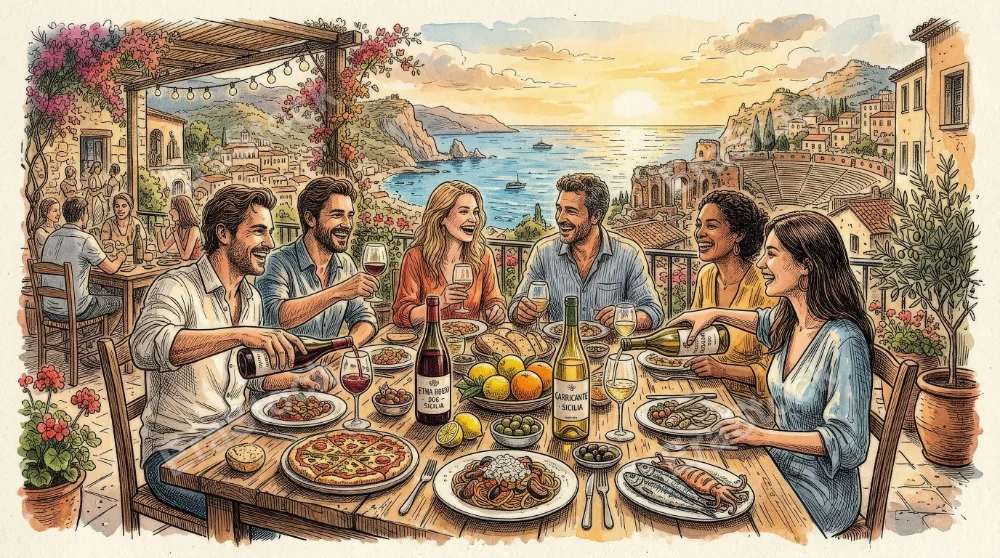 La dolce vita Italian Sicily-style food and wine sketches, hand-drawn ink linework and a sun-drenched leisurely dinner atmosphere, ultra-realistic, no logos.