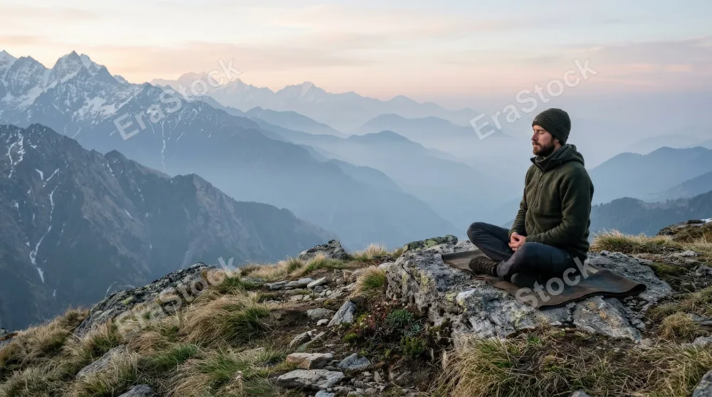 A solitary figure meditating high in the mountains, layered peaks fading into haze, wind-brushed grass and scattered stones, cool alpine air, soft dawn light, contemplative and deeply calming