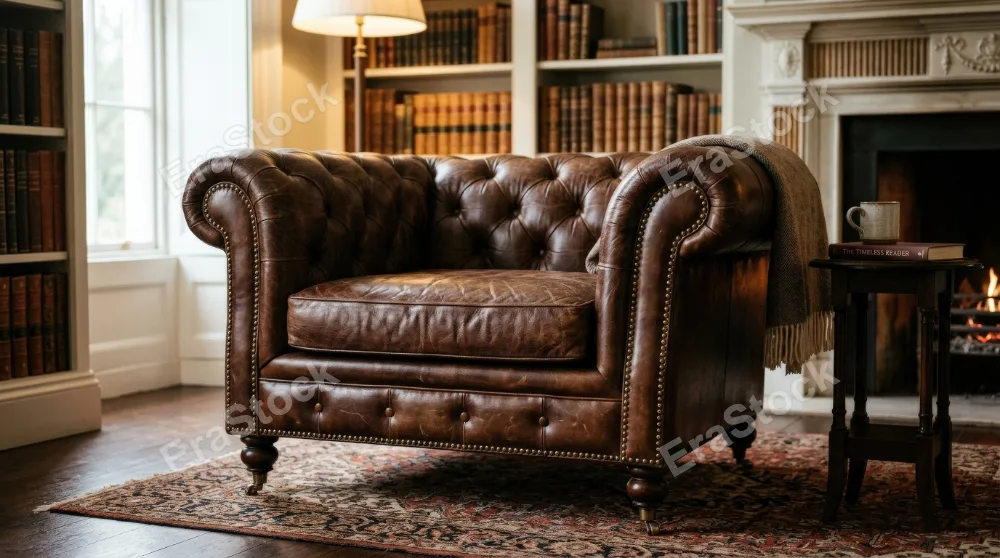 A luxurious brown leather armchair with deep button tufting and brass studs, rich patina, classic silhouette, soft studio lighting, refined vintage atmosphere, ultra-realistic, no logos.