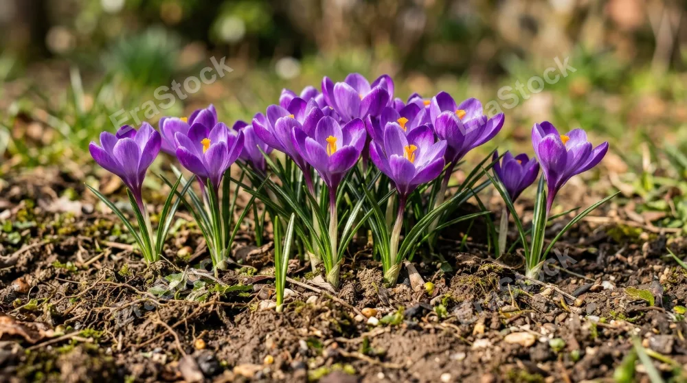 A group of purple crocus flowers rising from textured brown earth with green leaves, sunlit spring mood and earthy detail, ultra-realistic, no logos.