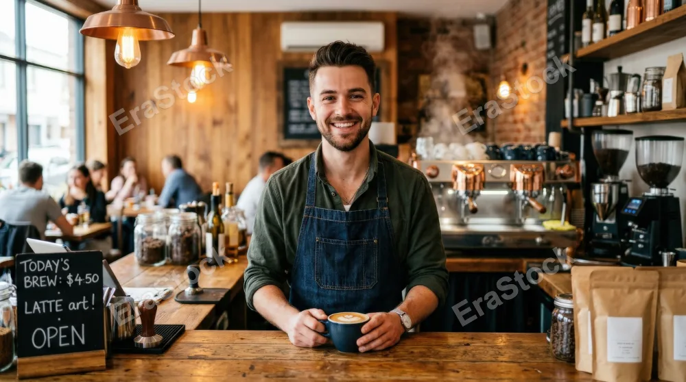Portrait of a smiling male barista holding a coffee cup near the counter in a cafe, warm wood textures, espresso machine behind him, cozy lighting, welcoming mood, ultra-realistic, no logos.
