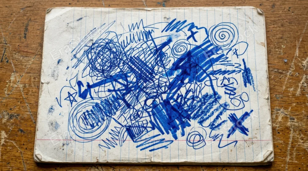 A messy blue scribble set with expressive pen, marker and crayon squiggles, thick sketchy strokes and grunge school-notebook energy on a textured backdrop, ultra-realistic, no logos.