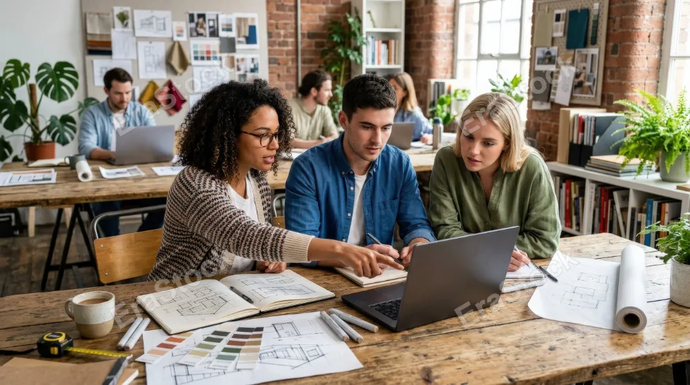 Design professionals using a laptop together in an office, creative workspace details, sketches nearby, modern textures and an inventive focused atmosphere, ultra-realistic, no logos.