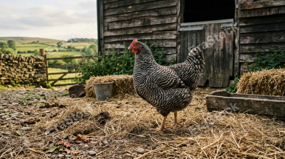 A chicken standing in a rustic farmyard with detailed feathers, straw, and soft countryside light, natural textures and calm pastoral mood, ultra-realistic, no logos.